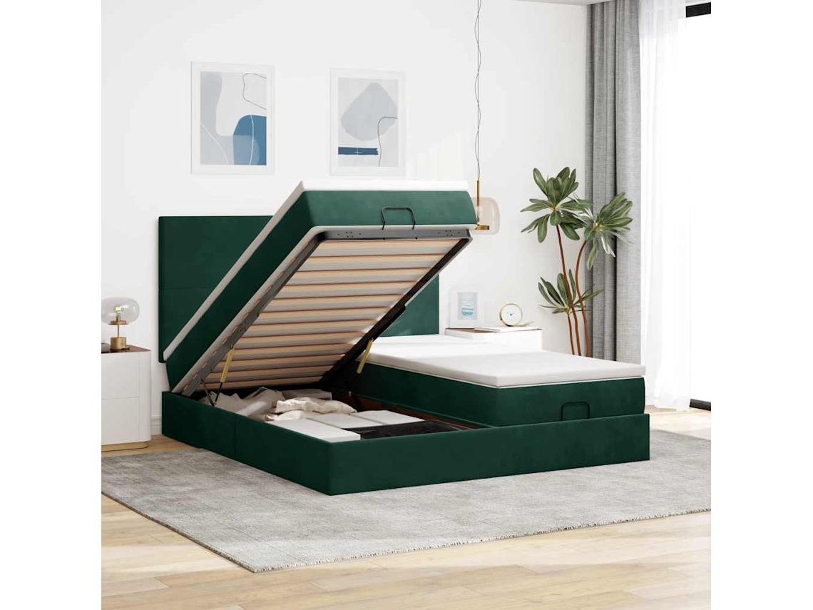 Vidaxl Estrutura De Cama Otomana Com Colchão Verde Escuro Veludo