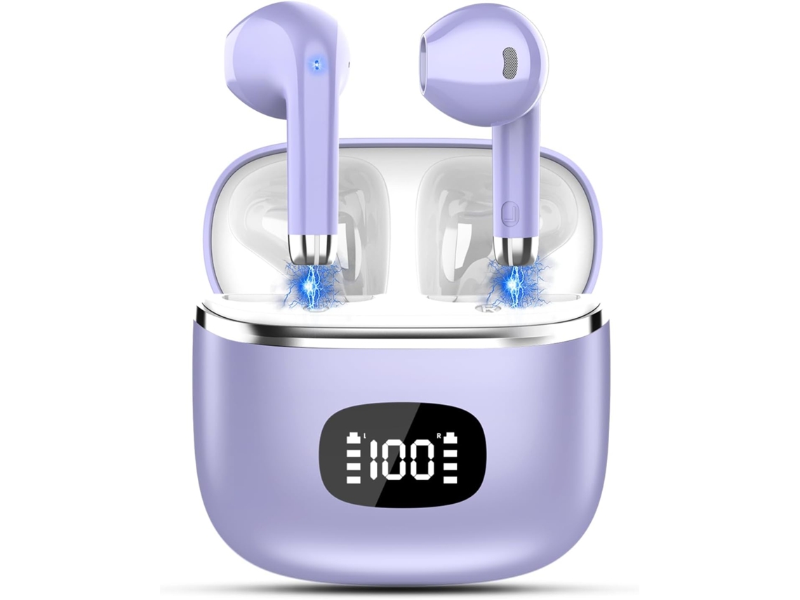 Auscultadores Bluetooth 5.3 Graves 40h Reprodução Led Microfone Cancelamento Ruído IP7 Roxo JIAPEI