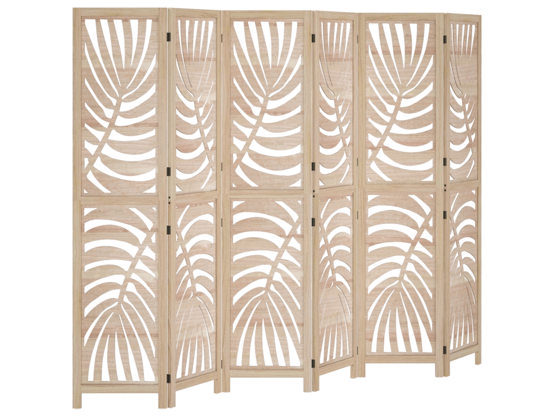 Biombo Em Madeira 6 Painéis 240x170cm Dobrável Portátil Padrão Folha Design Amovível Madeira Natural