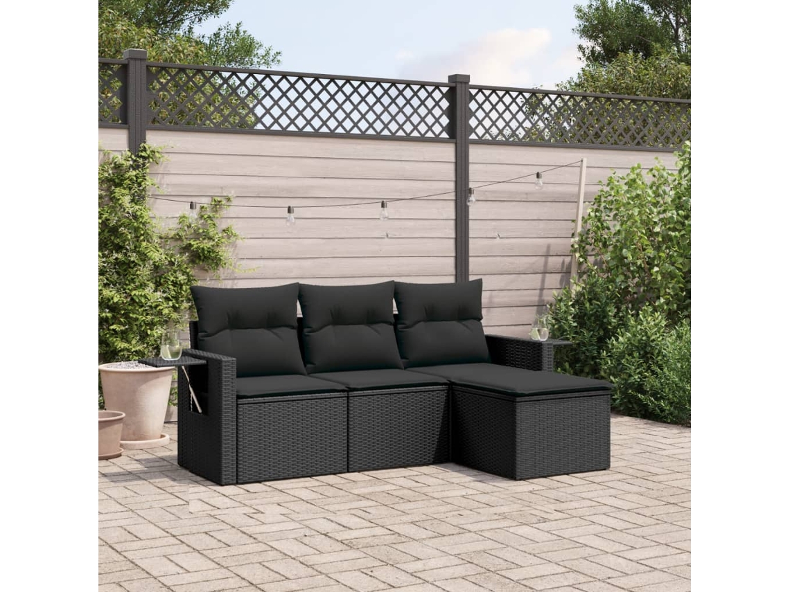 Vidaxl 4 Pcs Conjunto de Sofás para Jardim C/ Almofadões Vime Pe Preto