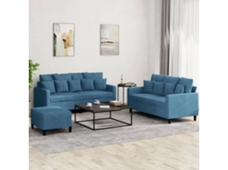 Vidaxl 3 Pcs Conjunto De Sofás Com Almofadões Veludo Azul