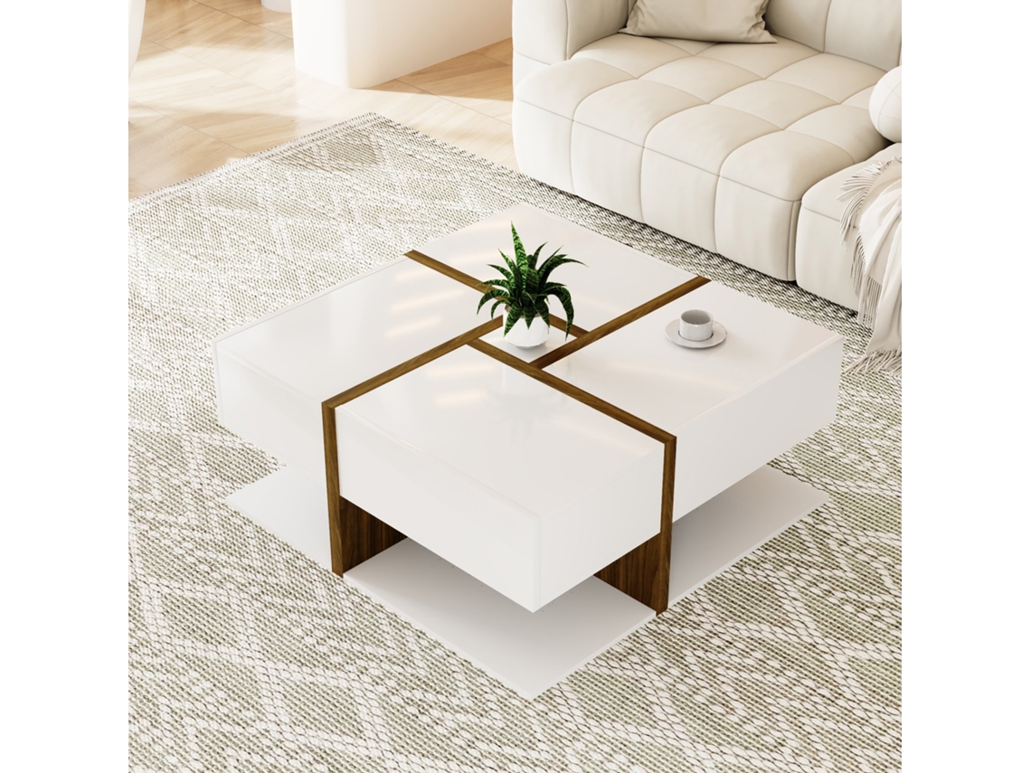 Mesa De Centro Alto Brilho, 4 Gavetas, 78x78x34,8cm, Espaço De Armazenamento-hw