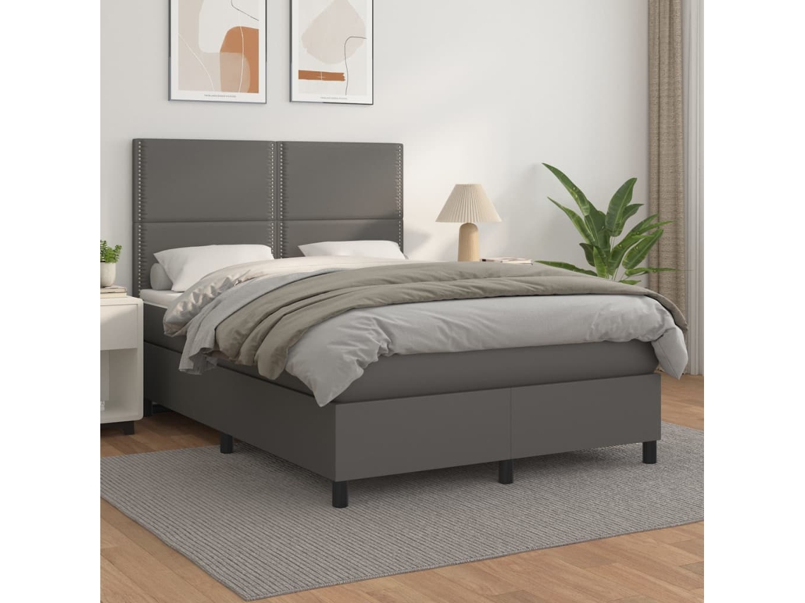 Vidaxl Cama Com Molas/colchão 140x190 Cm Couro Artificial Cinzento