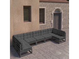 7pcs Conjunto Longue De Jardim C/ Almofadões Pinho Maciço Preto Dkd Home Decor