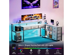 Secretária Em L 200cm Led Rgb App 7 Gavetas Suporte Monitor Tomadas Integradas Reversível Branco Gaming