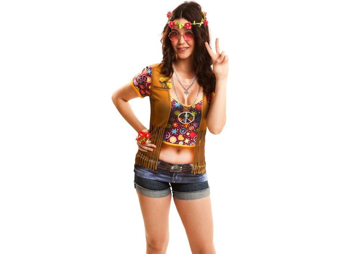 Camiseta De Disfarce - Mãe - Camiseta Disfraz Hippie - Multicolor - Mulher - Amarelo