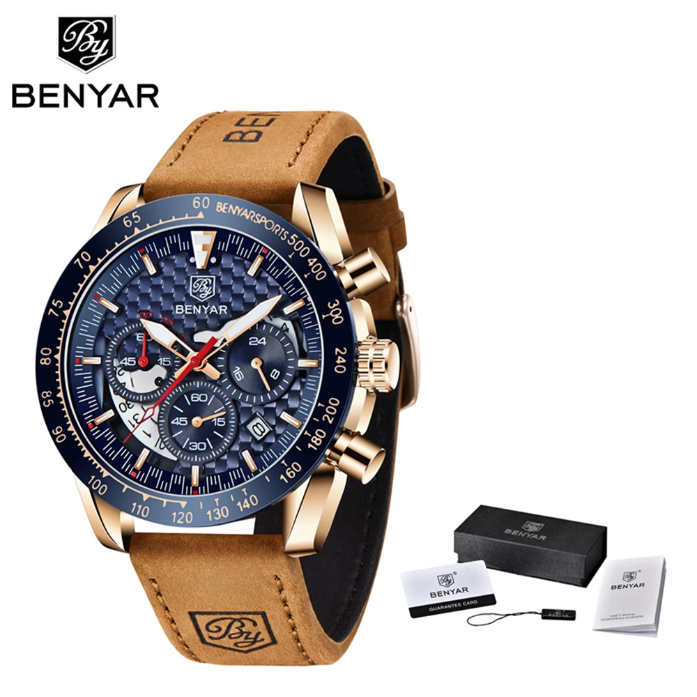 Relógio Masculino (dourado E Azul) Com Pulseira De Couro Genuíno, Cronógrafo De Quartzo Esportivo De Luxo À Prova D'água.