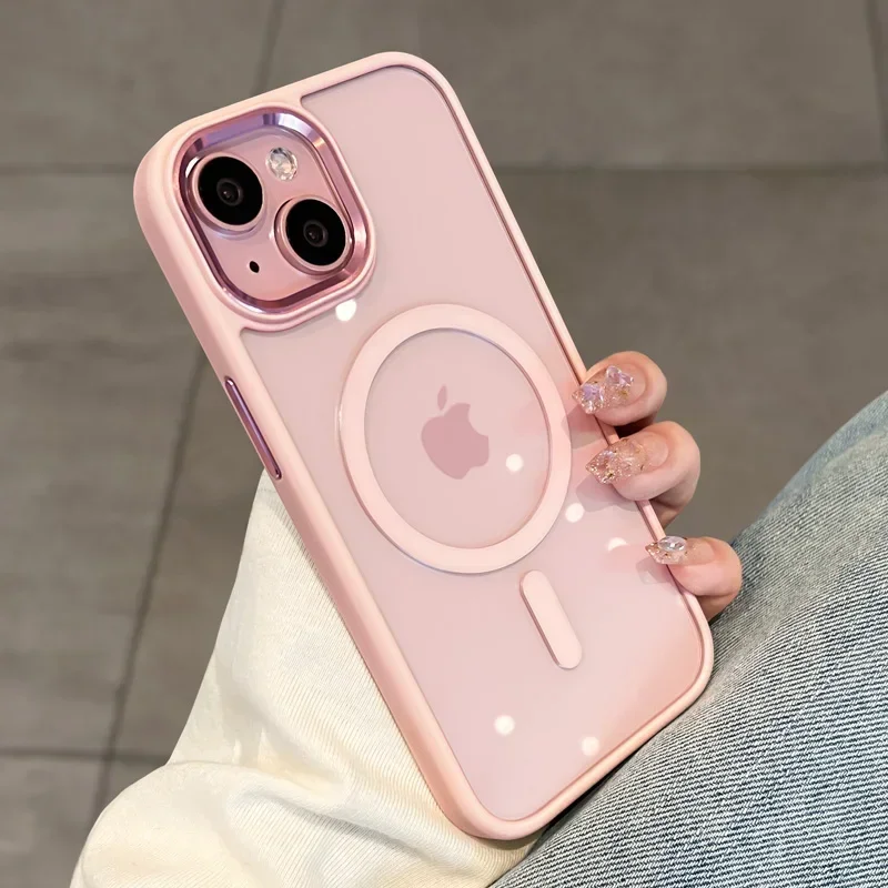 (iphone 14 Pro Max, Rosa) Capa Protetora Transparente Magnética Para Carregamento Sem Fio Magsafe, Com Estrutura Resistente A Impactos.
