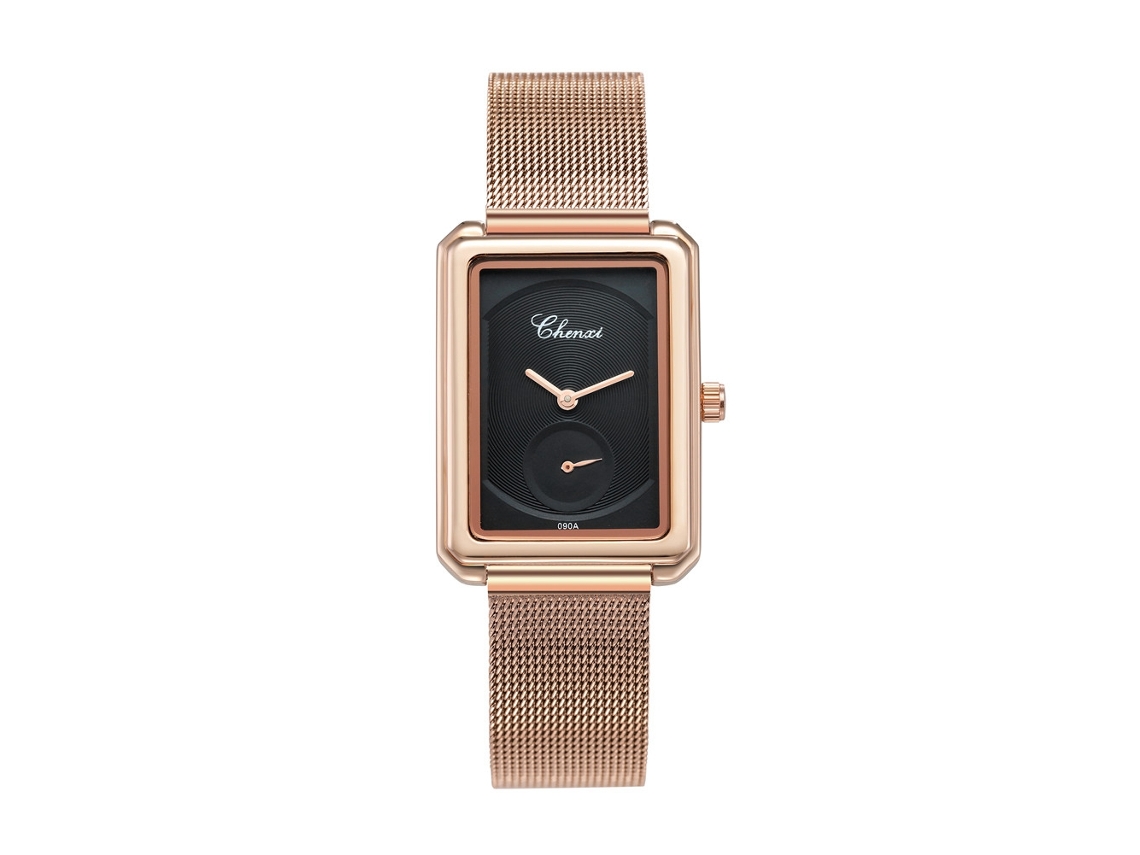 Relógio de Pulso Feminino de Quartzo com Mostrador Retangular e Pulseira de Malha Ouro Rosa