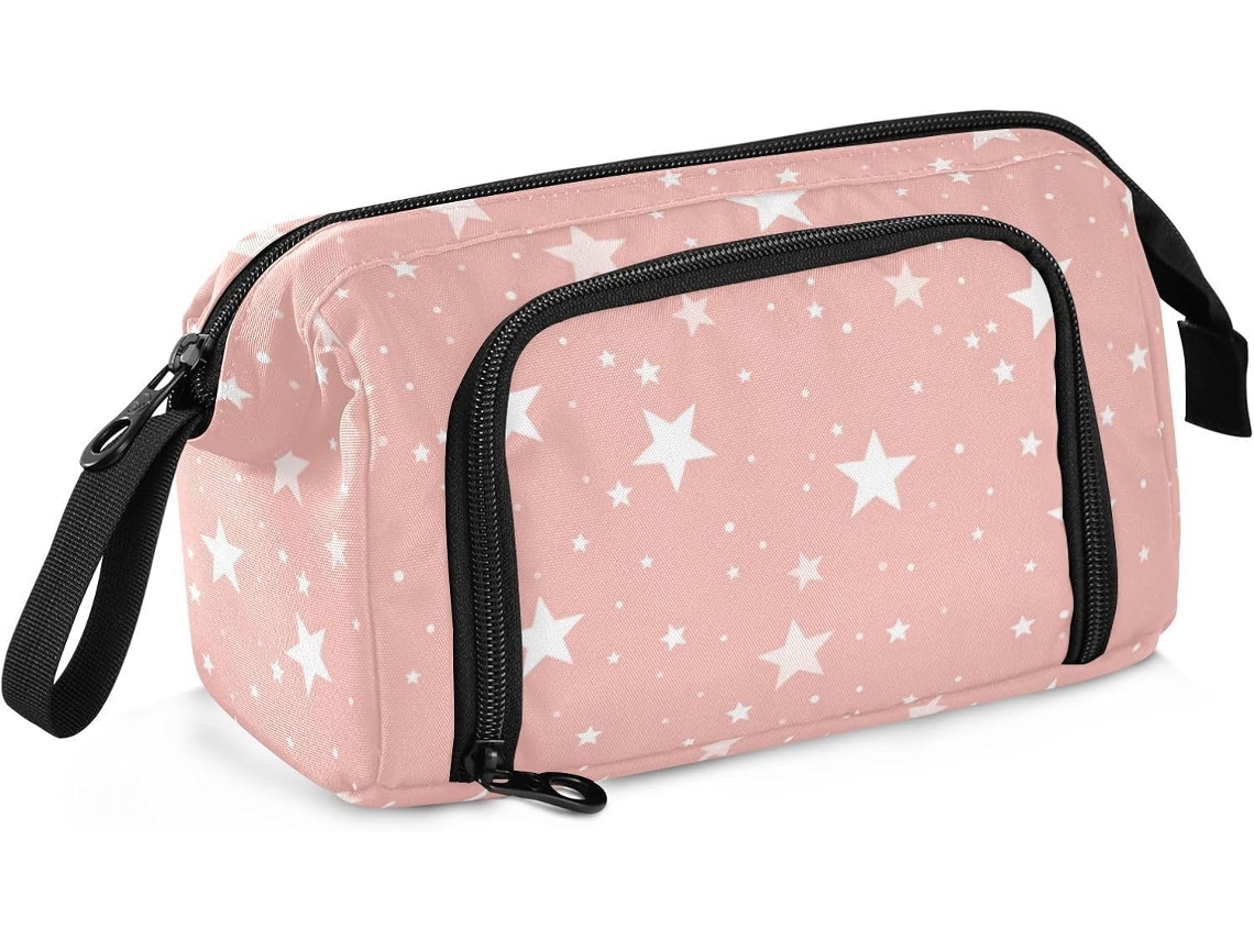 Estojo Grande com Alça Estampa de Estrelas Brancas em Fundo Rosa Metal 24 X 9,5 15 Cm Resistente Ergonômico