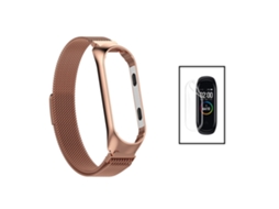 Kit Bracelete Milanese Loop Fecho Magnético + Película de Gel Full Cover para Xiaomi Mi Band 7 Rosa Ouro / Transparente