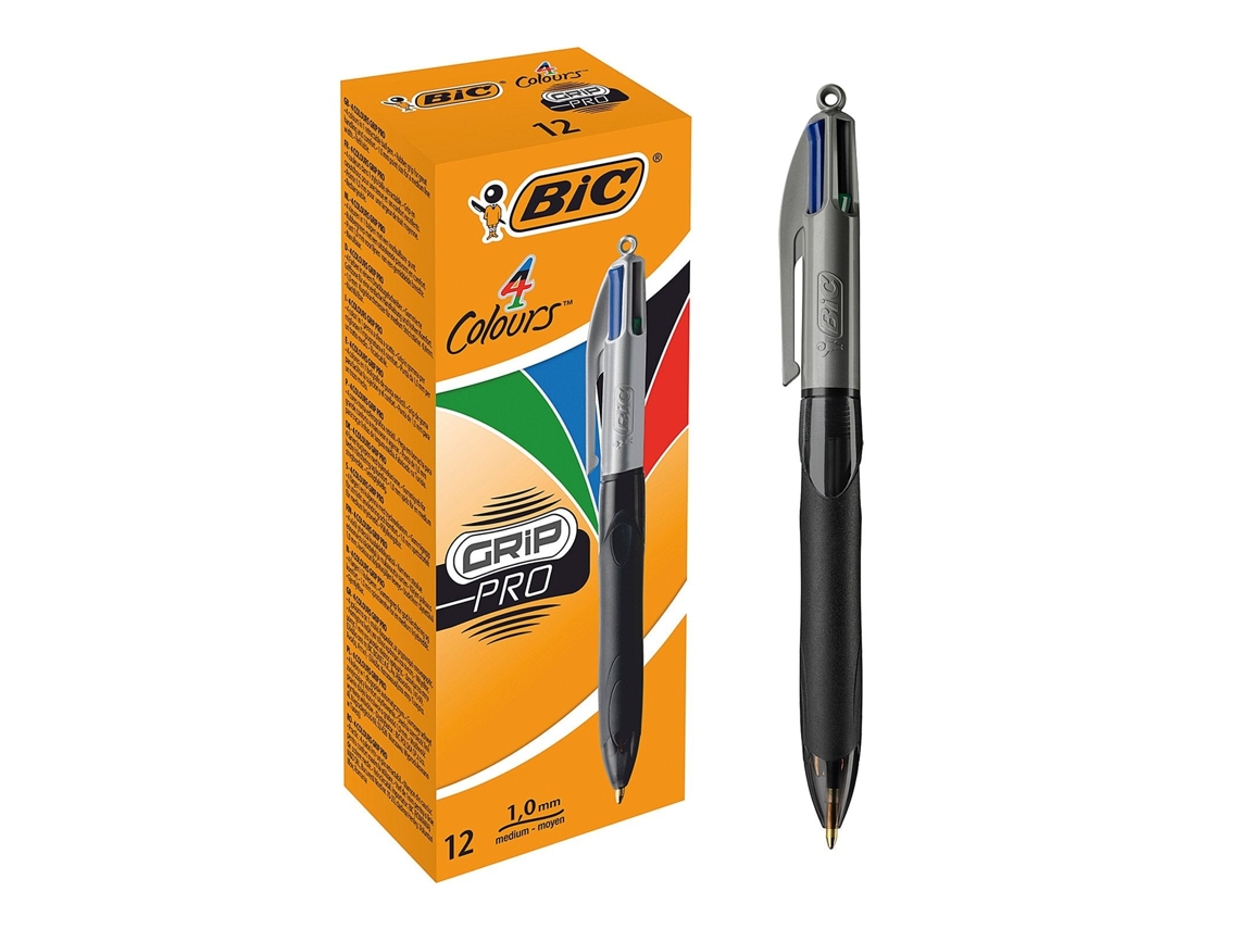 Caneta esferográfica retrátil Bic Grip Pro 4 cores, cinza e preta