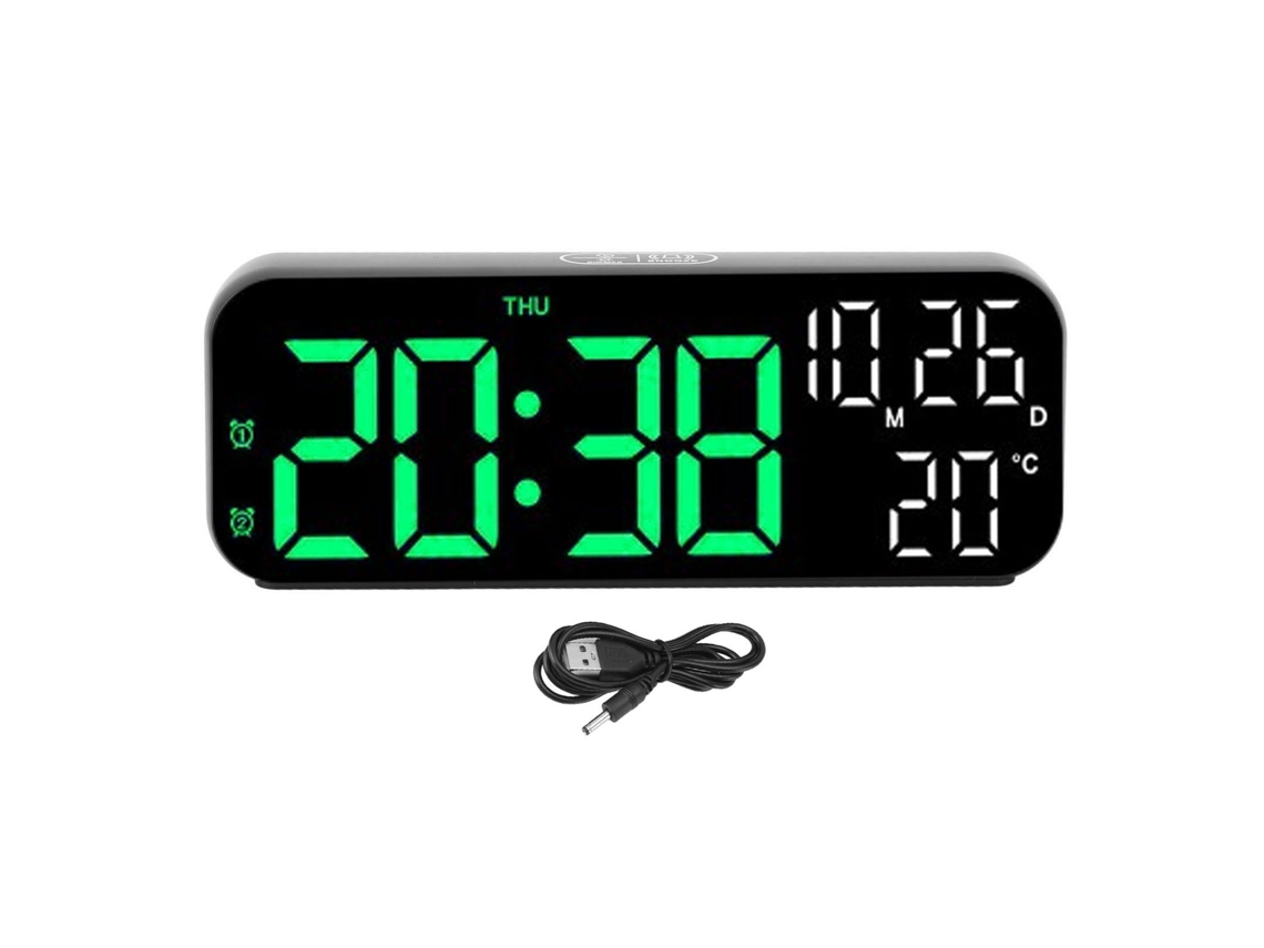 Relógio digital LED Baok com tela dupla, controle de voz, brilho ajustável, data, temperatura, cronômetro regressivo e alarme, nas cores preto e verde.