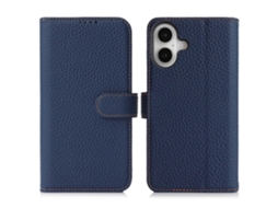 Capa Tipo Carteira Para Iphone 16 Com Textura De Lichia E Couro Bovino Genuíno, Com Bloqueio Rfid, Azul