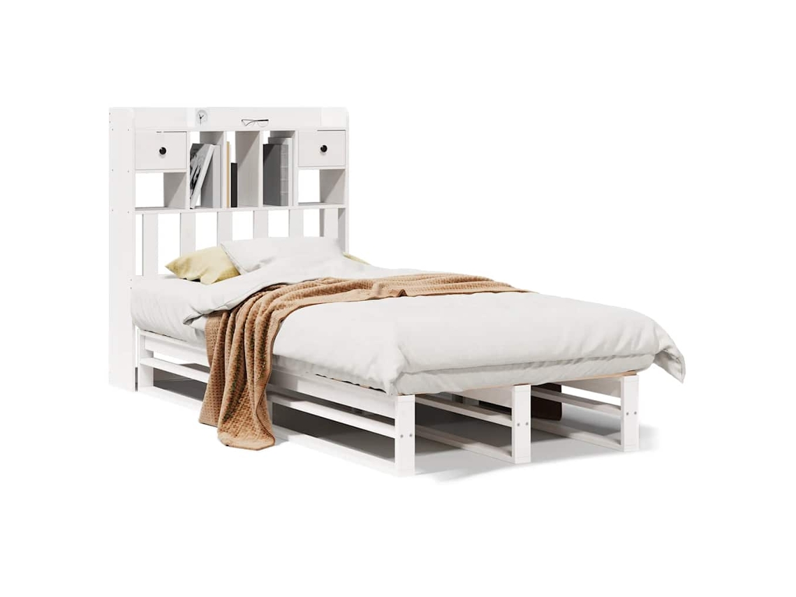 Cama com Estante Pinho Maciço Branco MAISON EXCLUSIVE (90x200 cm)