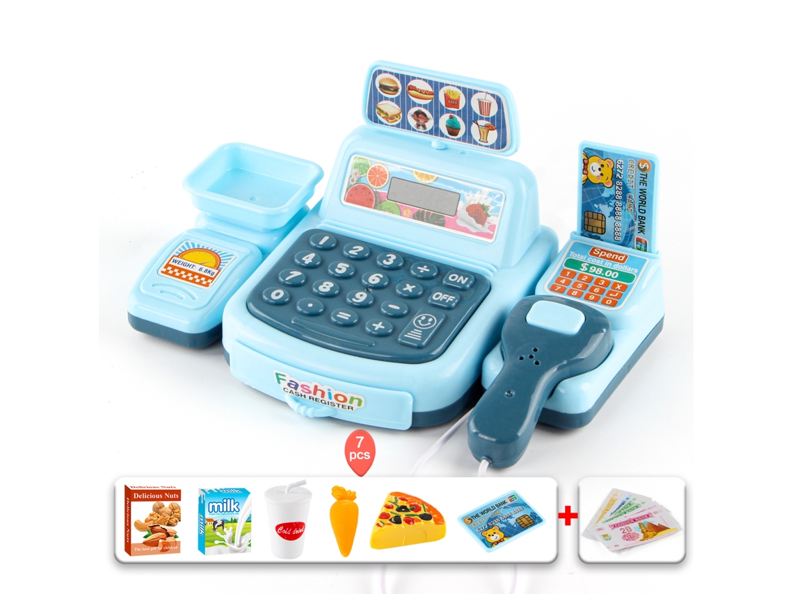 Brinque de Faz de Conta com uma Caixa Registradora Eletrônica de Brinquedo.caixa Registradora Azul + Pizza CHENNNLS