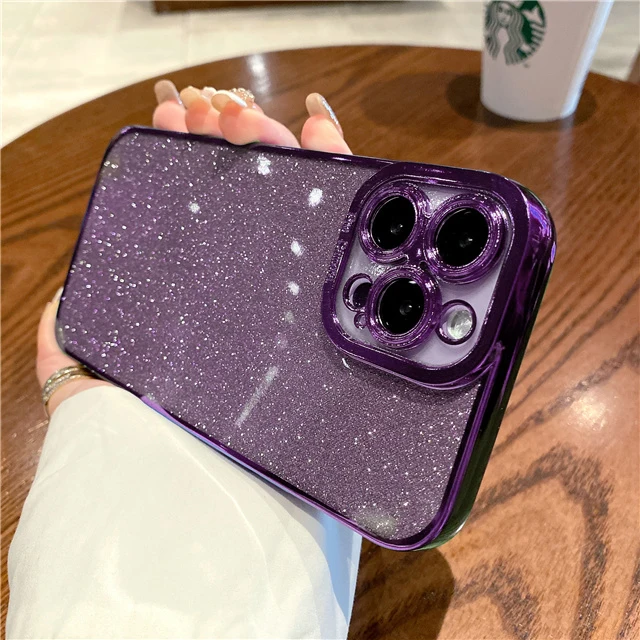 Capa Quadrada De Silicone Eletrodepositado Com Glitter (roxo Escuro Para Iphone 14), Capa Protetora Macia Com Glitter.
