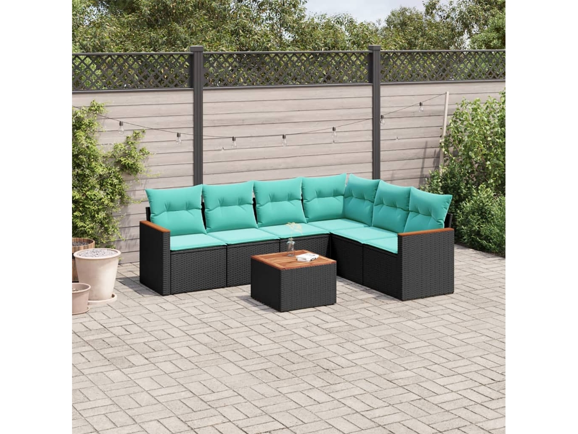 Vidaxl Conjunto De Sofá De Jardim Com 7 Peças E Almofadas Em Rattan Sintético Preto