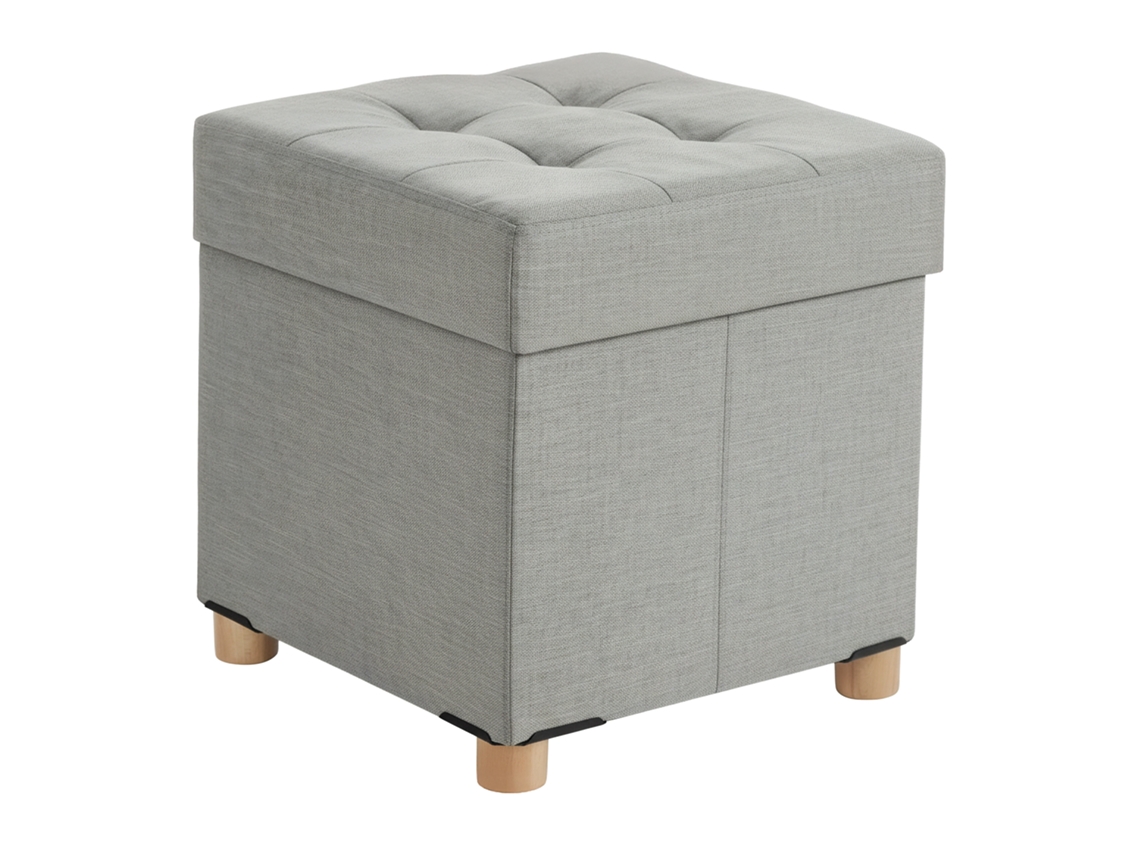 Banqueta Relaxdays Estofada Com Arrumação, A X L X P: 38 X 38 X 38 Cm, Efeito Linho, Pernas De Madeira, Cinza Claro