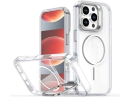 Capa Transparente Brilhante Para Iphone 15 Pro Com Suporte Magnético Para Lente E Lente De Tpu Resistente A Impactos - Branco.