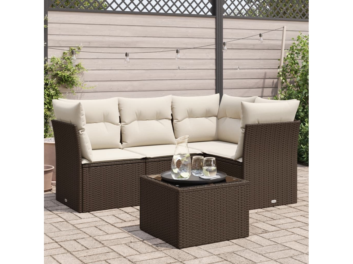 Vidaxl 5 Pcs Conjunto Sofás P/ Jardim C/ Almofadões Vime Pe Castanho