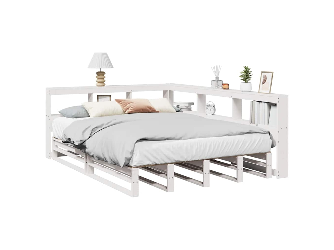 Cama Com Estante Sem Colchão 140x190 Cm Pinho Maciço Branco