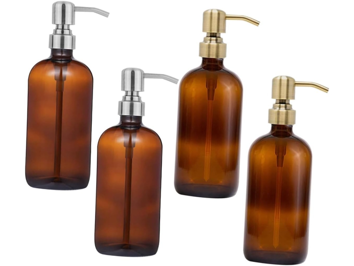 Conjunto De 4 Frascos Redondos Vazios Com Bomba Dosadora Para Shampoo Líquido.