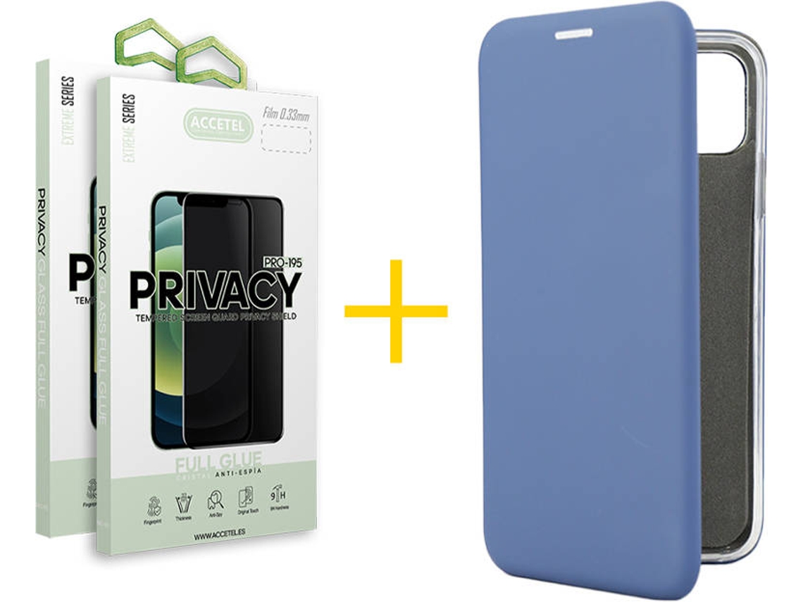 Capa + 2 Películas de Vidro Anti-Spy iPhone 13 Pro ACCETEL PRM Flip Cover Azul