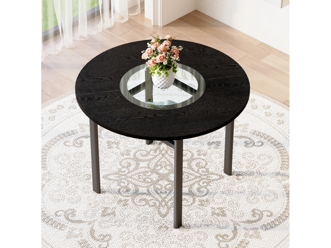 Mesa Jantar Redonda 100cm: Madeira Preta Tampo, 2-4p. Vidro Cinza Estrutura Metal.-mh