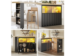 Mesa Bar Extensível Preta 135-205x39x100cm, Móvel, Telescópica Led, Portas Listradas.-hm