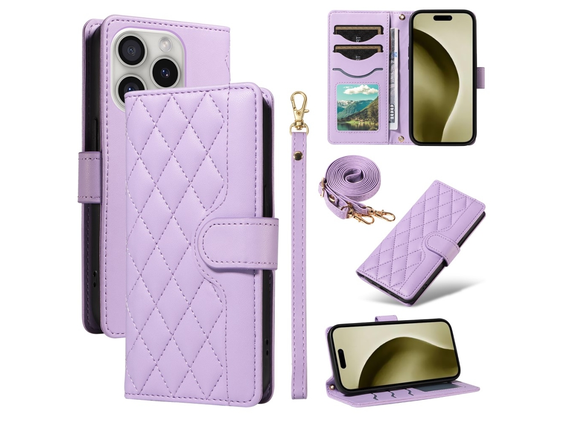 Capa Em Couro Pu Com Cordão Para Apple Iphone 16 Pro Max - Roxo Claro