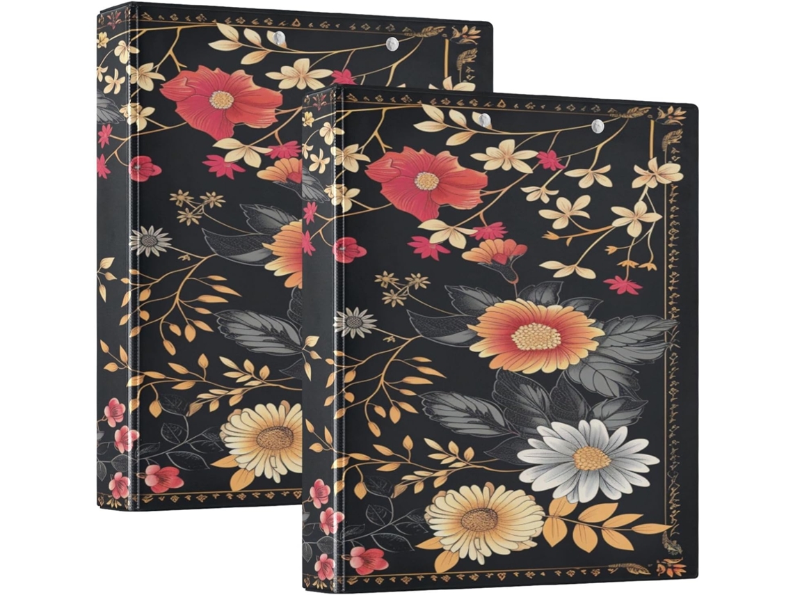 Pasta Fichário Moderna E Elegante Com Estampa Floral Preta Vermelha 3, 8cm 1, 5 Polegadas, 3 Argolas Com Bolsos