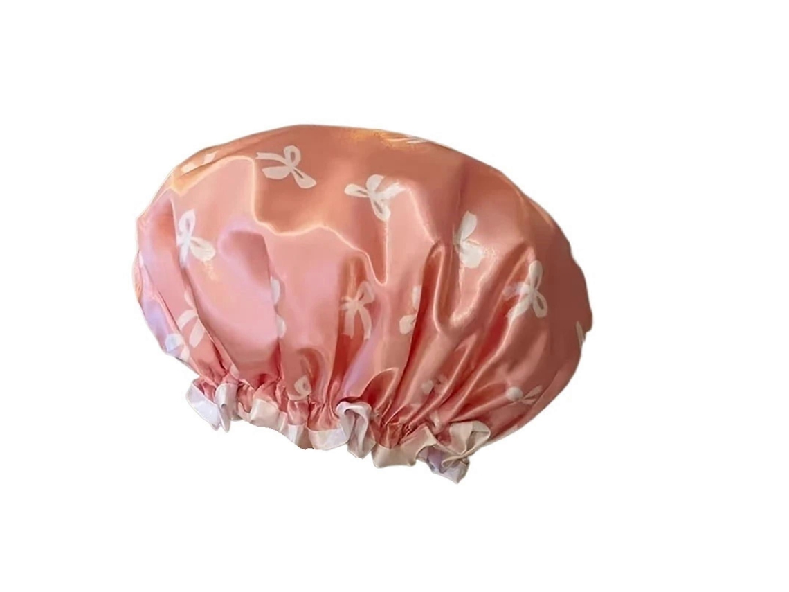 Touca De Banho Impermeável De Camada Dupla Para Mulheres, Touca De Banho Reutilizável Com Estampa Fofa, Rosa