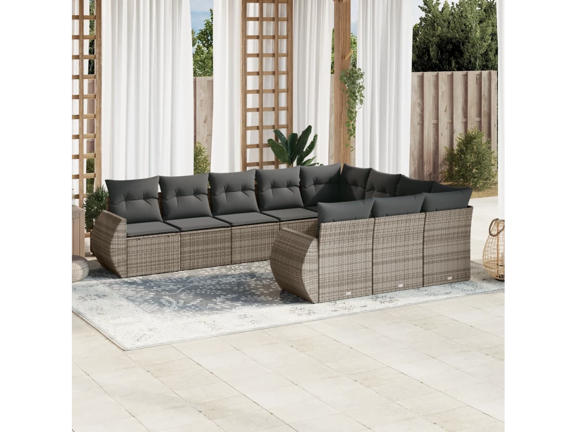 Vidaxl 10 Pcs Conjunto Sofás De Jardim C/ Almofadões Vime Pe Cinzento