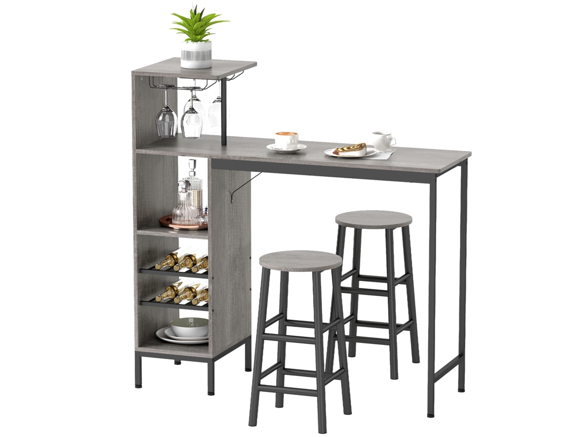 Conjunto de Mesa de Bar com 2 Bancos Altos, Estante e Adega em Madeira Natural BTFORUS