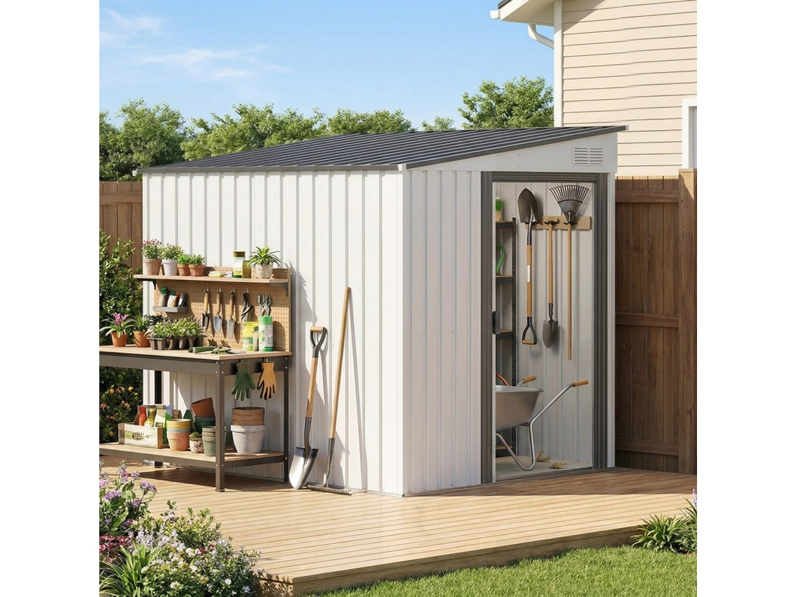 Galpão Metálico Branco 1,5x2m Com Base, Porta Deslizante E Cobertura Inclinada Para Ferramentas