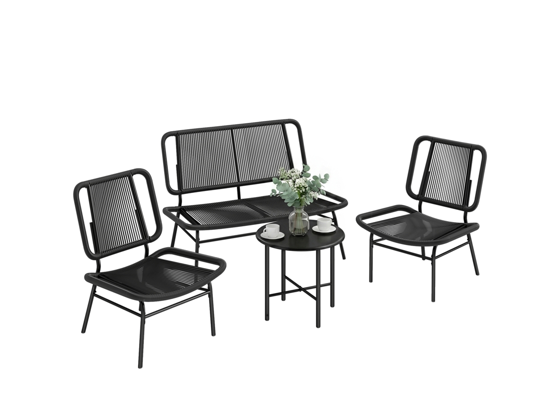 Conjunto De Jardim Externo Em Rattan Com 4 Peças, Incluindo Sofá De 2 Lugares, 2 Cadeiras E Mesa De Centro Com Tampo De Metal, Na Cor Preta.