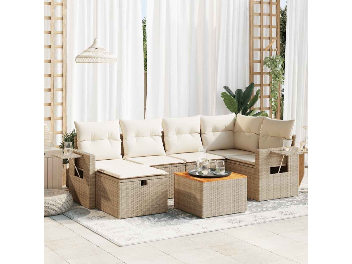 Vidaxl 7 Pcs Conjunto De Sofás P/ Jardim Com Almofadões Vime Pe Bege