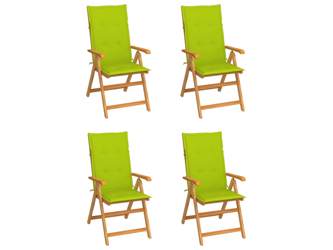 Vidaxl Conjunto De 4 Cadeiras Dobráveis Em Madeira Maciça De Teca Com Almofadas Verde-claras.