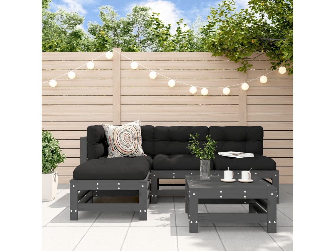 Conjunto 5pcs Lounge Garden Com Almofadões Madeira Maciça Cinza Dkd Home Decor