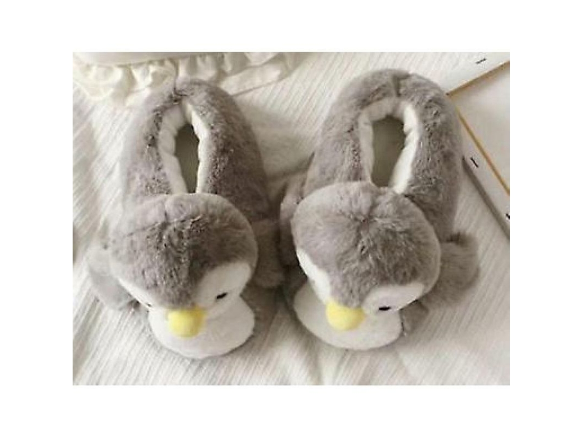 Pantufas de algodão com estampa de pinguim, macias e antiderrapantes, tamanho único 35-38, cinza.