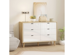 Cômoda 6 Gavetas, Móvel de Armazenamento de Alta Brilhante, 5 Pés em Madeira, 110 X 40 X 75 Cm, Branco e Carvalho