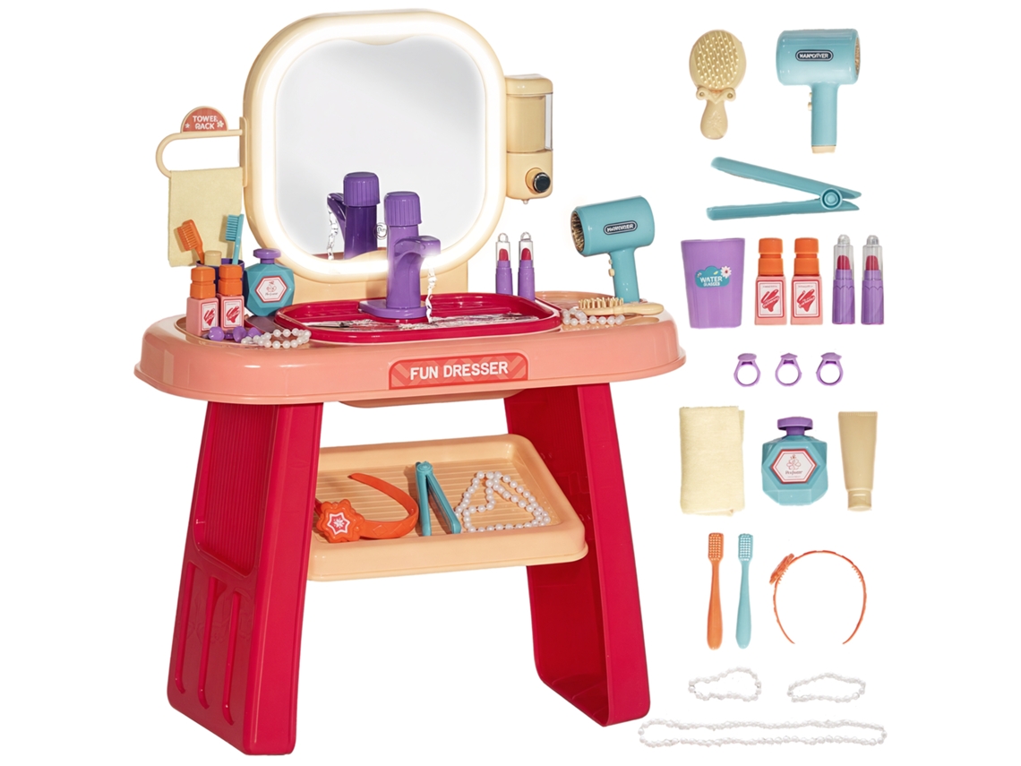 Penteadeira Para Meninas De 3 A 6 Anos Com Espelho Acrílico E Torneira, Feita De Pp E Gpps, 55x29x71 Cm, Rosa.