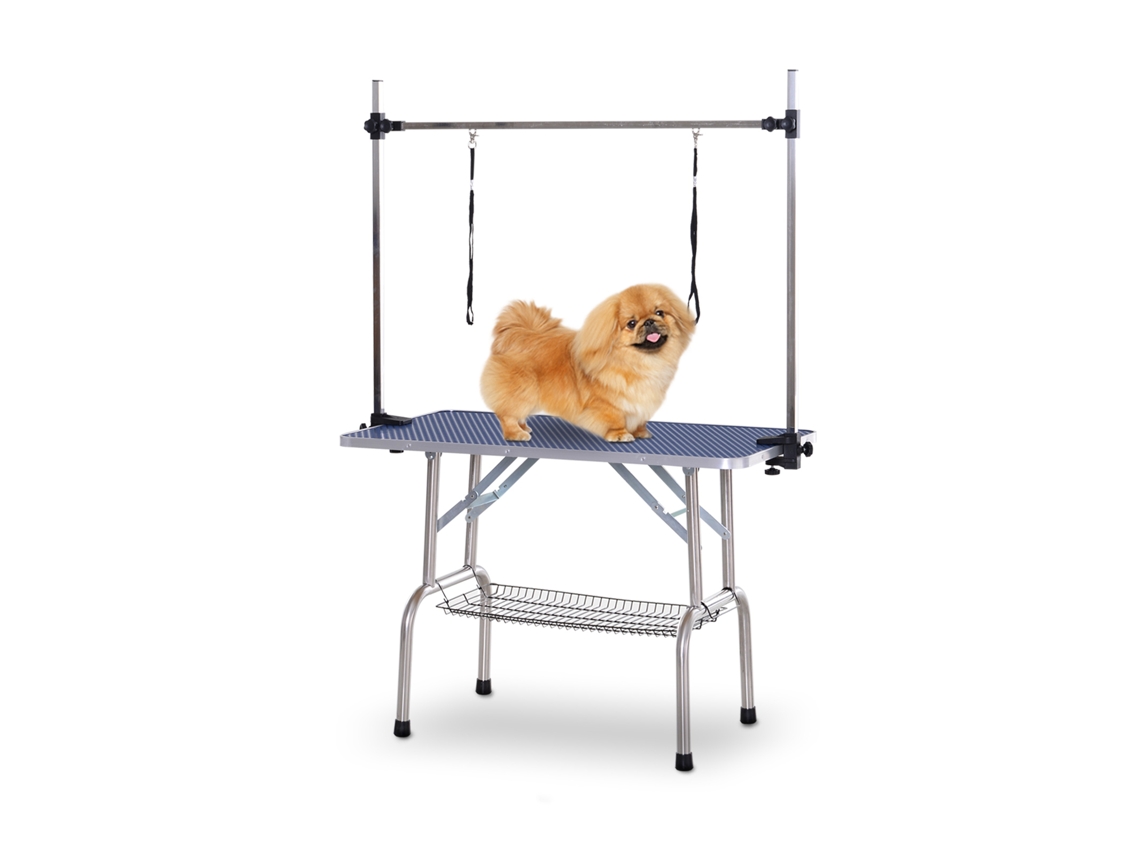 Mesa de tosa para animais de estimação, dobrável, com prateleira de armazenamento, estrutura de aço, altura ajustável, 107 x 60 x 170 cm