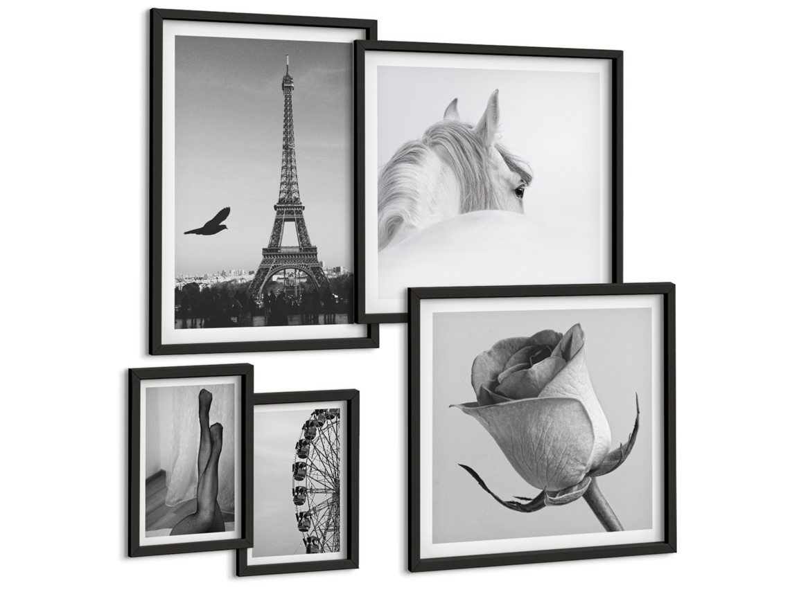 Um Conjunto De Imagens Decorativas Em Uma Moldura Peônias Rosa, Geométrico Moldura Preta Quadros Para O Escritório Espelharte (conjunto De 5 Imagens)