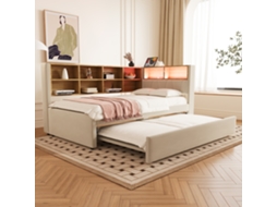 Sofá Cama 90x200 Led Tomada Elétrica Armazenamento Bege