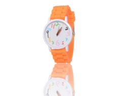 Relógio de pulso feminino de quartzo com pulseira de silicone e mostrador redondo colorido (laranja)