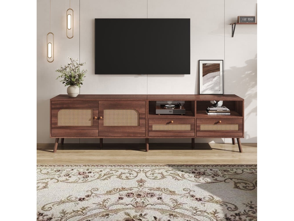 Móvel Para Tv 200x37x49,5 Cm - Com 2 Portas De Rattan, 2 Gavetas, Lowboard Com 8 Pés - Castanho
