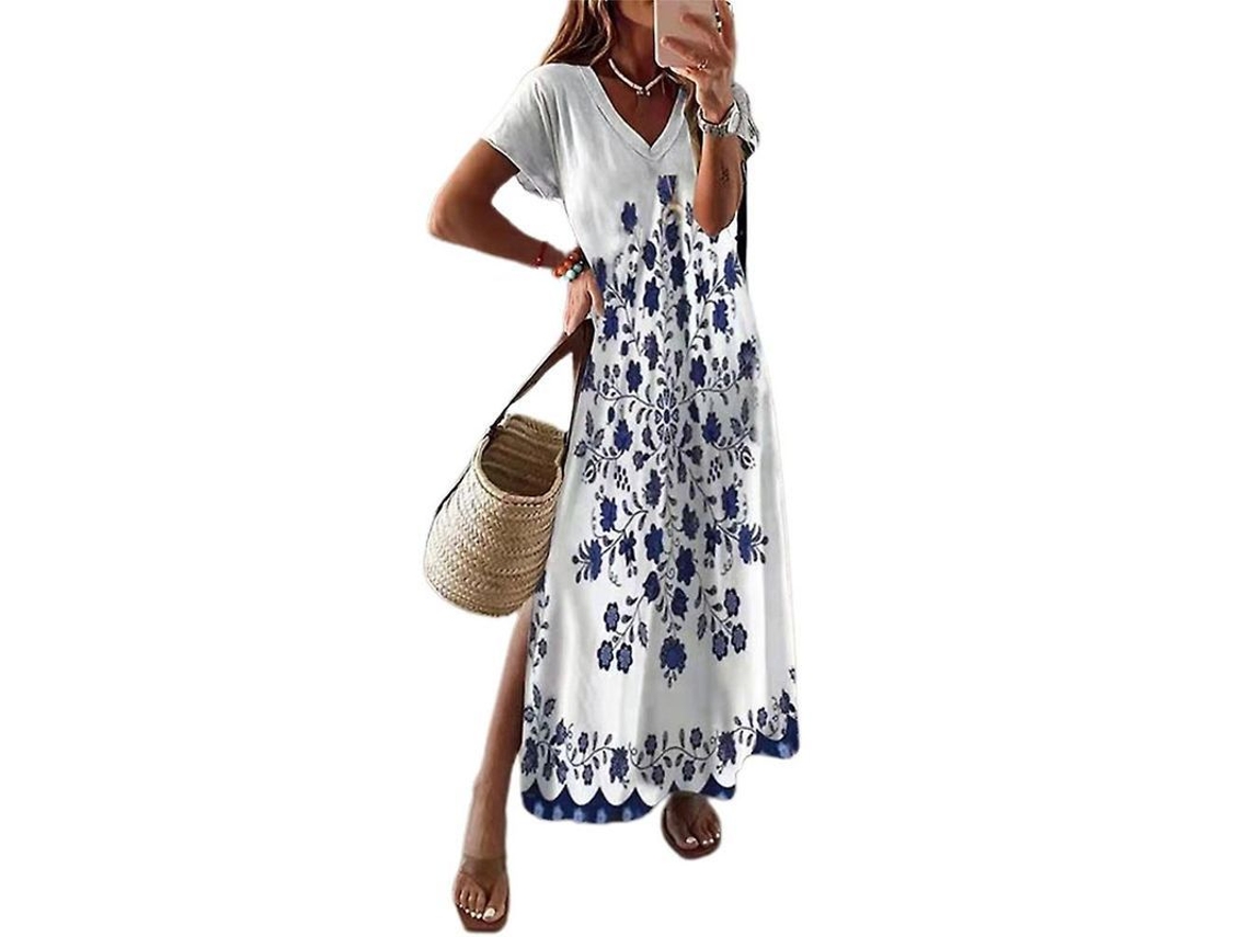 2026 vestido Largo de Manga Corta Impreso para Mujer Con Cuello En V, Holgado Y Slit, Talla Plus