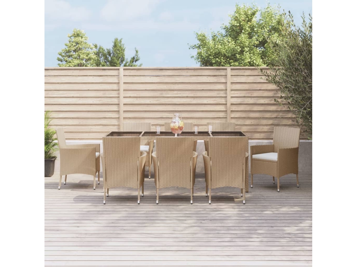 Conjunto 9 Peças Jantar P/ Jardim Com Almofadões Vime Pe Bege Dkd Home Decor